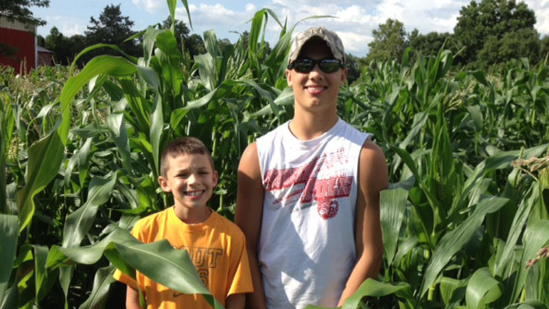 Two children standing in a corn field