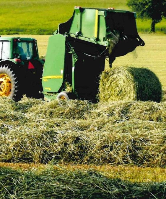 Tractor bailing hay in hay field 